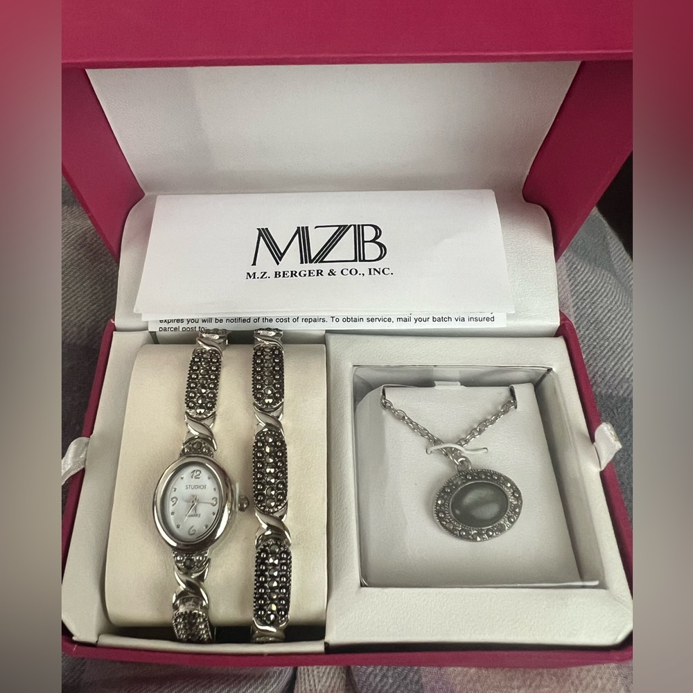 M. Z. Berger Marcasite Silver Quartz Women's Watch Bracelet and Necklace Set